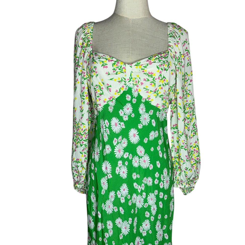 NWT RIXO Target Daisy Green Pink V Neck Floral Rushed Midi Swing Dress Size 12 - Picture 4 of 10